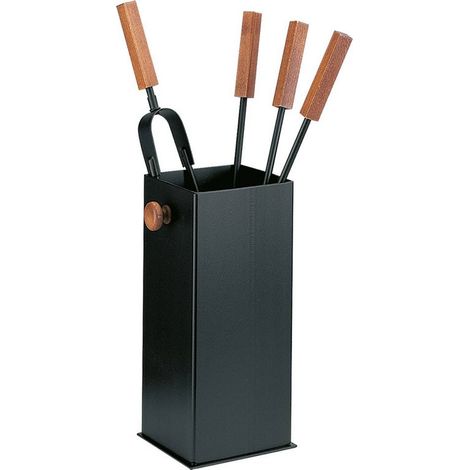 Porta attrezzi camino acciaio nero manico legno 4 accessori h.60 base 16 x 16 cm. Made in Italy