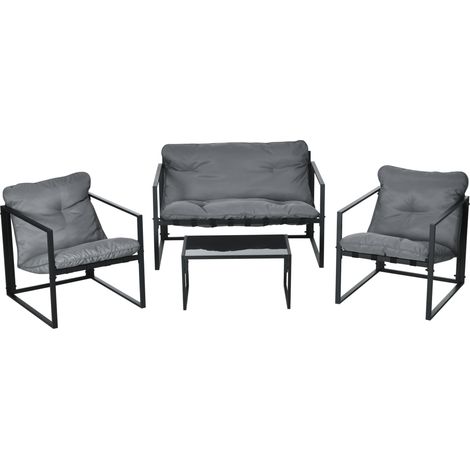 Ensemble mobilier jardin 4 pièces : table verre + 2 fauteuils + canapé, résistant intempéries, gris noir, 114x70x67 cm (1/5)