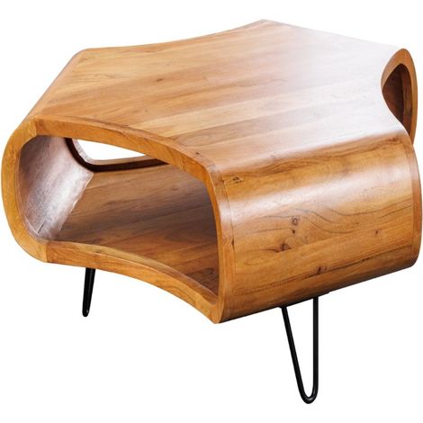 Couchtisch NERA 70 cm aus massivem Akazienholz mit Ablage und schwarzen Metallbeinen – Retro-Industriestil