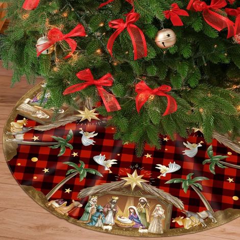 Tapis de sapin de Noël rouge de 120 cm - Motif Jésus-Christ avec corde rouge, décoration festive pour sapin de Noël (1/5)