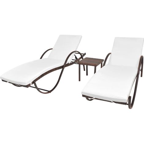 Sonnenliegen 2 Stk. mit Tisch Poly Rattan Braun