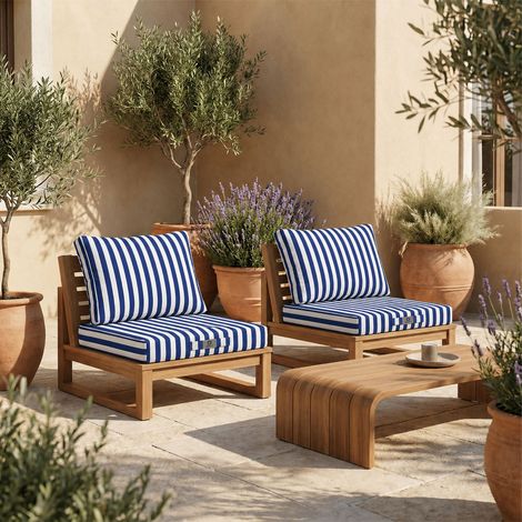Ensemble Coussins Salon Jardin 50x60 Rayure Bleu Marine - Premium 270g (Assise + Dossier)