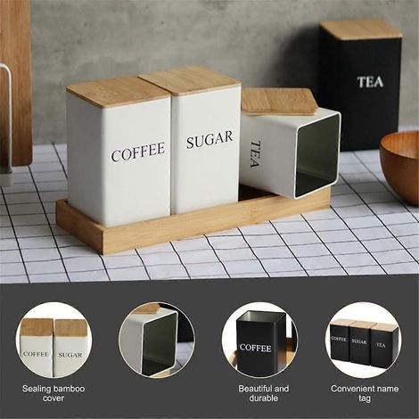 Set aus Tee-, Kaffee- und Zuckerdosen mit Tablett, aus schwarzem Zinn. (1/5)