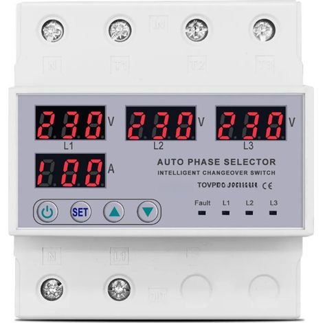 Relé selector de fase trifásico de 100 A para montaje en carril DIN, protección contra sobretensión y subtensión (3P+N), ajustable, 50/60 Hz, 140–300 V CA