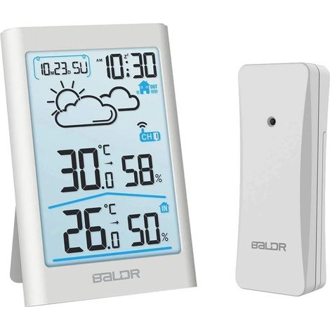 Station météo sans fil avec capteur extérieur, thermomètre numérique, hygromètre, thermomètre intérieur et extérieur, mesure de l'humidité et des conditions météorologiques. (1/5)