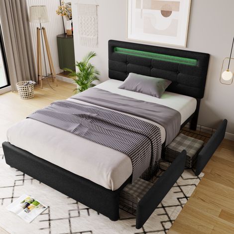 Lit simple capitonné 90x200 cm noir avec LED, tête de lit réglable, 2 tiroirs, sommier à lattes et matelas inclus (1/5)