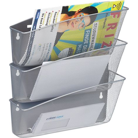 Porte-Documents Mural en Lot de 3, pour revues et Magazines, en métal, H x L x P : 39x36x12 cm, argenté (1/5)