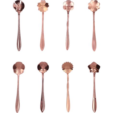 Lot de 8 cuillères à café en acier inoxydable plaqué or rose, motif floral, pour remuer le thé en cuisine (1/4)