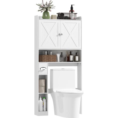 Weiße WC-Einheit über der Toilette, Stauraum mit Schiebetür im Scheunentor-Stil, verstellbarem Regal, Fächern und Toilettenpapierhalter, wandmontierter Designerschrank.