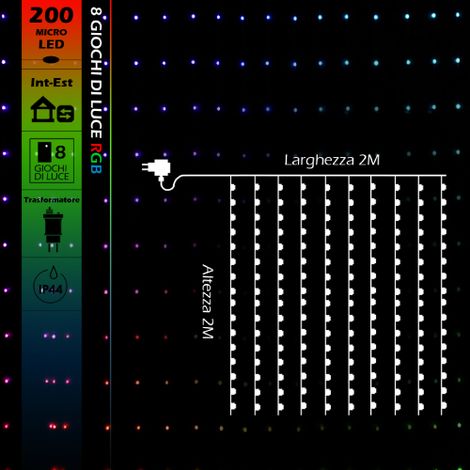 Wisdom tenda luminosa 2x2 metri con 200 micro led Rgb di Natale con cavo trasparente 8 giochi di luce IP44  per uso esterno e interno  RGB 2x2 metri - 200 Microled
