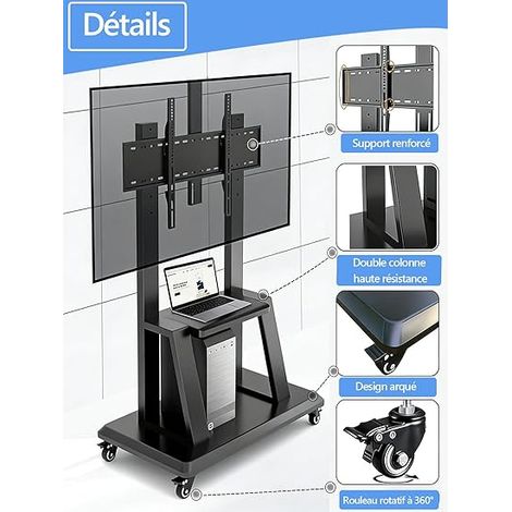 Support TV mobile, chariot roulant sur roulettes réglable en hauteur pour écrans plats LCD LED OLED de 32 à 70 pouces, peut supporter jusqu'à 45,4 kg avec étagère (1/4)