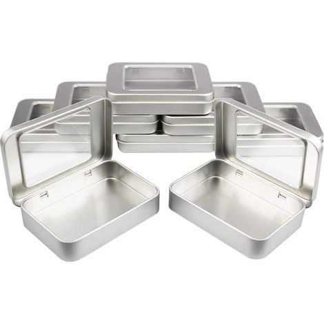 8 boîtes rectangulaires vides en métal à charnière, conteneur de rangement, organisateur de maison, mini-boîte 10 x 7 x 2 cm (argent) (1/5)