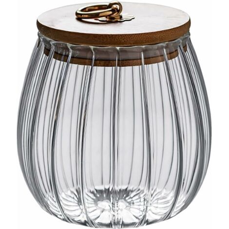 Pot en verre transparent de 750 ml avec couvercle hermétique en bois d'acacia pour café, thé, épices, sucre, biscuits, noix--TRIMEC (1/4)