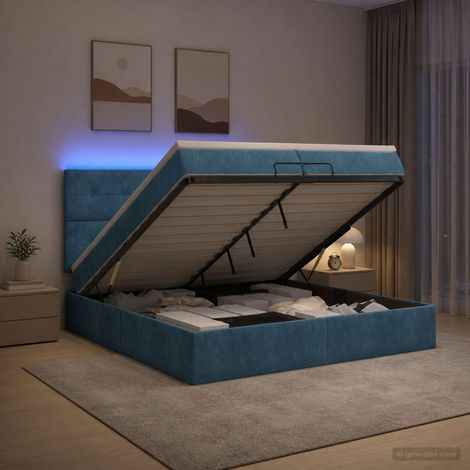 vidaXL Lit coffre avec matelas et LED Bleu foncé 200 x 200 cm Velours (1/5)