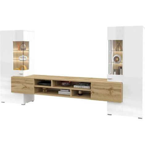 Conjunto de 3 muebles de salón colección KOBEE. Color blanco y roble.
