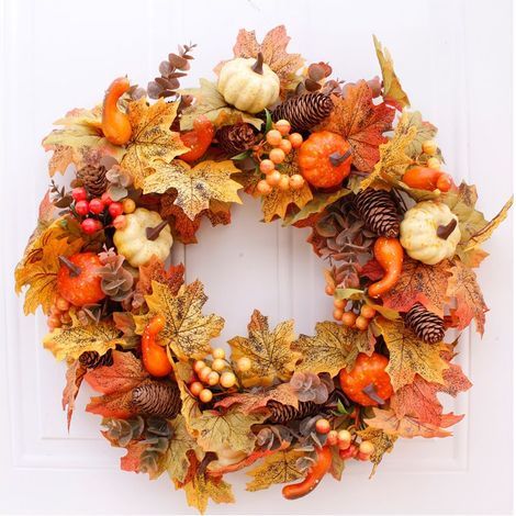Couronne artificielle d'automne 60cm – Feuilles d'érable, citrouilles et baies – Décoration murale pour Halloween et Thanksgiving (1/5)