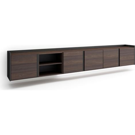 Skraut Home - Mobile TV Soggiorno, Ampio spazio a disposizione, 309x35x50cm, Per TV fino a 80", Sospeso, da appendere, LED, Stile moderno, Rovere scuro e Nero (1/5)