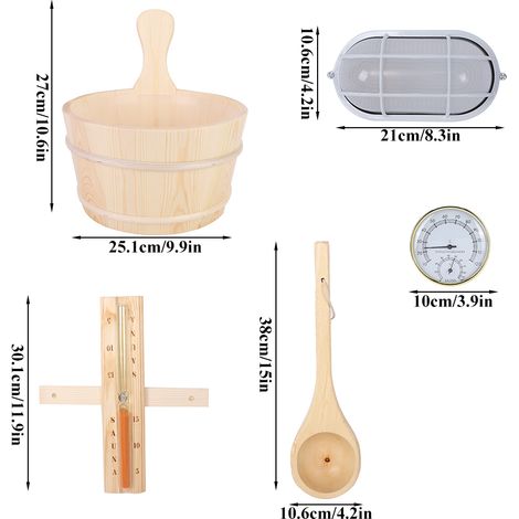 Accessoires de Sauna en Bois Seau Cuillère Lampe Anti-Explosion Sablier Thermomètre Hygromètre Ensemble d'Huiles Essentielles (1/5)