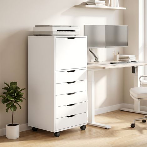 Classeur de bureau à 5 tiroirs, roulettes, tiroirs à fermeture amortie et support pour imprimante - Blanc (1/5)