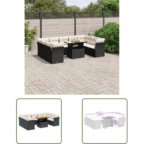 The Living Store Salon de jardin 10 pcs avec coussins noir résine tressée - Ensemble Salon De Jardin - Meuble Extérieur - Salon De Jardin Pliable - Résine Tressée - Rotin Synthétique (1/3)