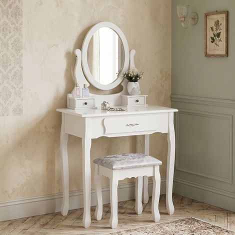 BLANKETSWARM - Coiffeuse blanche avec miroir et tabouret - 75x40x136 cm - 3 tiroirs - table à toilette - Style rococo- Blanc