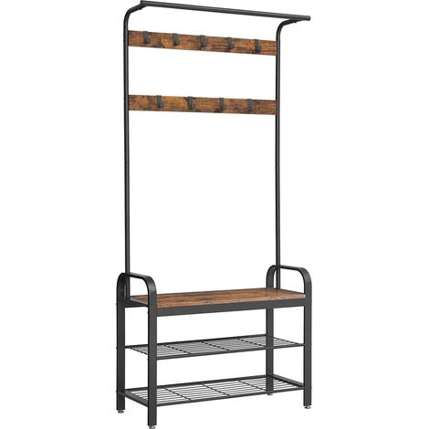 Portemanteau vestiaire meuble d’entrée avec crochets amovible banc et étagère à chaussures longueur 84 cm cadre en métal style industriel marron rustique et noir