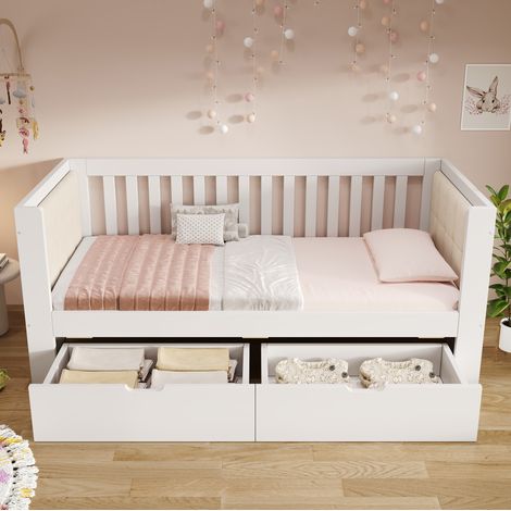 Letto divano 90x200 cm bianco in legno massello con 2 cassetti (1/5)
