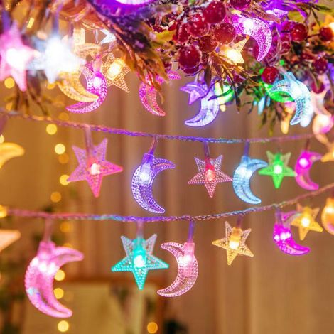 Solarbetriebene LED-Lichterkette für Außen, 5m 20 LEDs, mehrfarbige Stern- und Mond-Dekoration, 8 Blinkmodi für Camping, Weihnachten und Feiertage-lsw