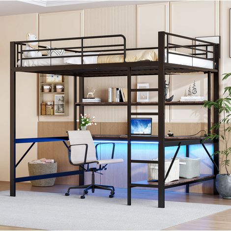 MEUBLIV Lit mezzanine 140x200 cm noir – avec bureau et LED, sans matelas (1/5)