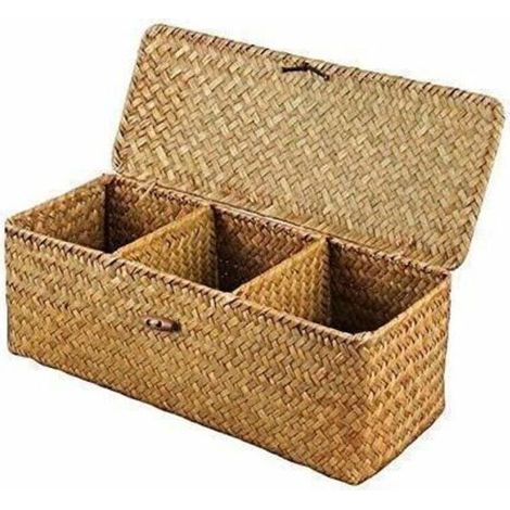 Panier de Rangement avec Couvercle Rectangulaire Coffre en Osier avec Compartiments Organisable Papier Toilette Snack Jouets