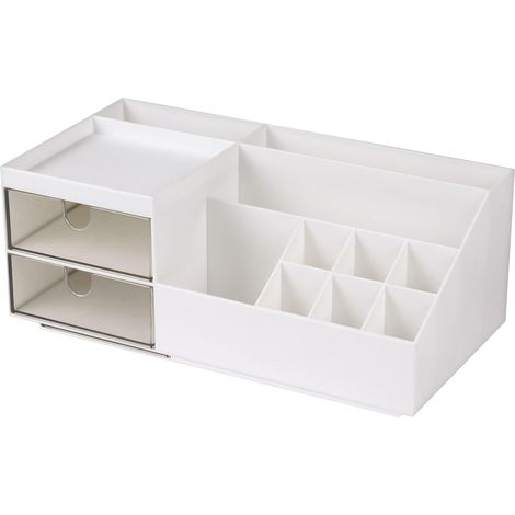 Caja organizadora con 2 cajones antipolvo y 11 compartimentos, para joyas, brochas, pintalabios y cremas.