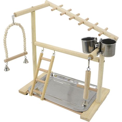 Mangeoire en bois pour perroquets, perruches, calopsittes et autres oiseaux, avec échelle, balançoire et perchoir.-AquaForge (1/4)