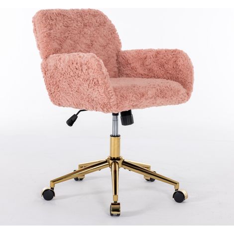 Chaise de bureau réglable en fausse fourrure de lapin violette avec accoudoirs et base métallique dorée pivotante 360° (1/5)
