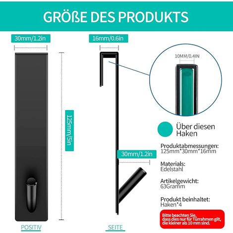 crochets de paroi de douche en acier inoxydable de 12,5 cm pour épaisseur de verre ≤ 10 mm, crochets de porte noirs, crochets de douche pour mur en verre, porte-serviettes de (1/4)