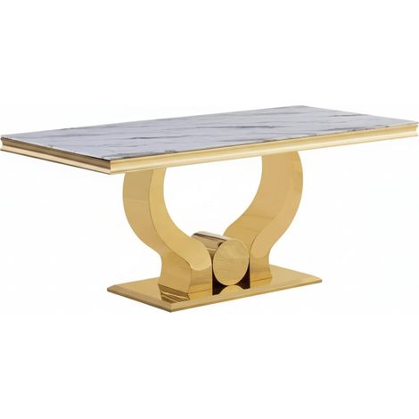 Table a manger verre effet marbre blanc pied gold 150x90 cm TROFY