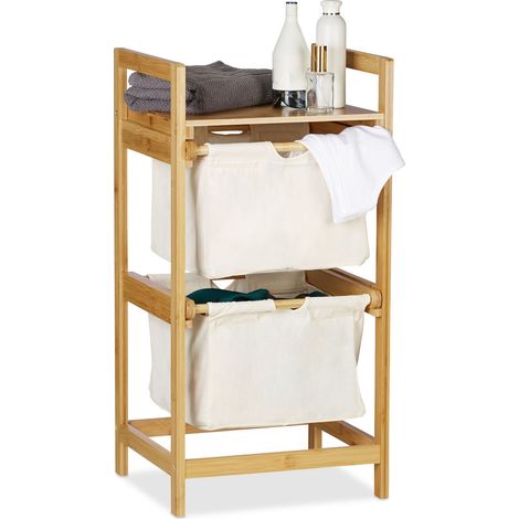 Relaxdays Wäschekorb Bambus, Wäschesortierer mit Ablage, 2 Schubladen, ausziehbar & tragbar, Wäschesammler 25 L, natur (1/5)