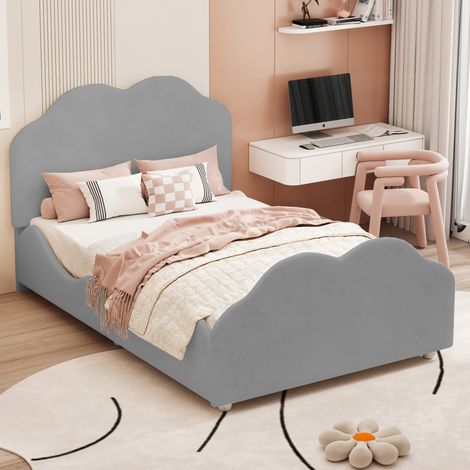 Cama infantil tapizada 90x200 cm estilo nube, terciopelo gris, con cabecero, piecero y barandillas de seguridad (1/5)