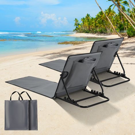 Jiubiaz 2x Strandmatte mit Rückenlehne Gepolstert klappbar UV-beständig Tasche Reißverschluss Kissen Tragegurt Garten Camping Picknick Liegematte 158 x 55cm, Dunkelgrau