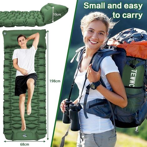 Inflatable Camping Mat Pillow Foot Pump Portable Single Air Mattress Self-Inflating Camping Mat Hiking Green (1/3)