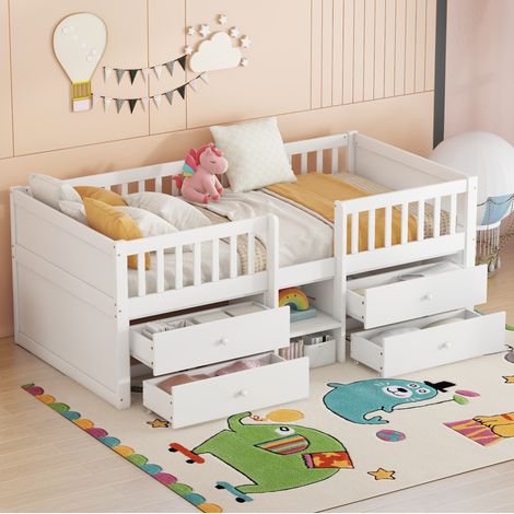 DESVIAE Lit mi hauteur enfant 90 x 200 cm avec 4 tiroirs barrière de sécurité et échelle en pin blanc (1/5)