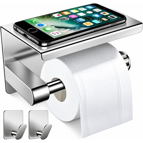 Porte-papier toilette,Crochets pour Serviettes et Peignoirs, mural acier inoxydable 304 brossé – Montage sans perçage – 3pcs Étagère intégrée pour accessoires – Argent 13.7x10x10cm
