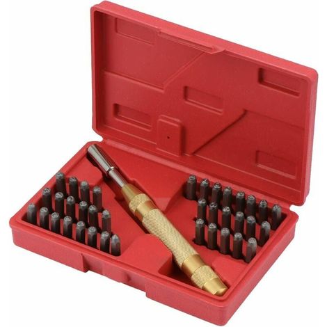 Set di timbri con lettere, 38 pezzi, punzoni per numeri e lettere con utensile per punzonatura, punzoni automatici da 8 mm per marcare su metallo, legno, pelle, ecc. (1/5)