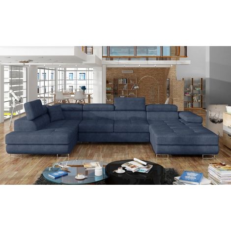 Canapé panoramique convertible ROMANO tissu - Rangement et appuie-têtes réglables à gauche-Bleu turquin-Coffre à gauche (1/5)