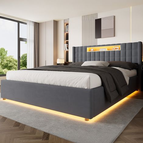 Cama con canapé 160x200 cm, cama con almacenamiento hidráulico, cabecero con estante, iluminación LED y puertos USB Tipo C, en terciopelo gris oscuro (1/5)