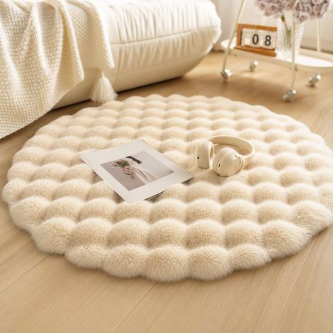 Tapis Rond Fausse Fourrure Beige 45cm Doux Moelleux Antidérapant pour Salon (1/4)