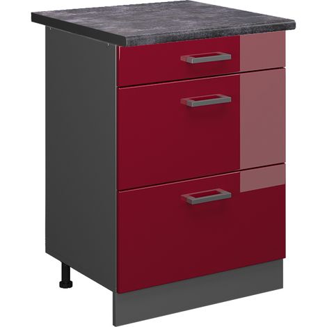 Mueble bajo de cocina R-Line, Rojo Burdeos alto brillo, 60 cm con cajones, ET Antracita, Vicco
