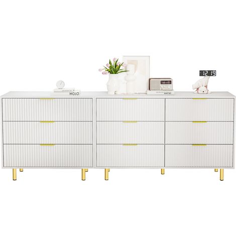 Module de rangement avec 9 tiroirs – Ensemble buffet moderne blanc et or, dimensions H72 x L200 x P40 cm