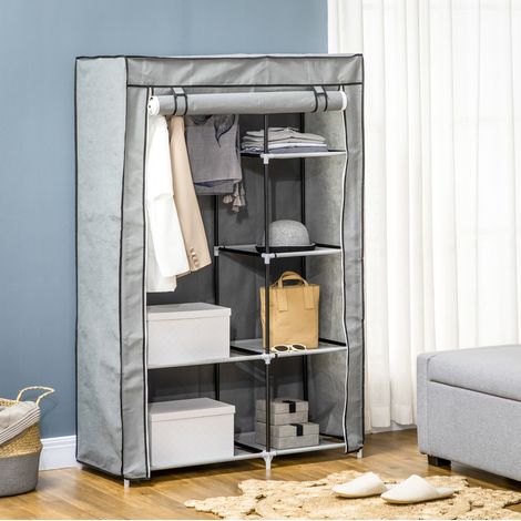 Armoire penderie en tissu pliable 103x43x162,5 cm avec 6 étagères et tringle, grise OKWISH (1/5)
