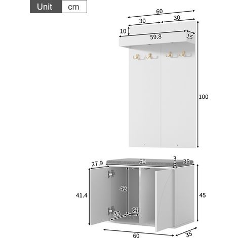 Set guardaroba 3 in 1: appendiabiti con 4 ganci integrati, scarpiera a due ante e panca porta scarpe. Bianco, 60×35×(45+100)cm (1/5)