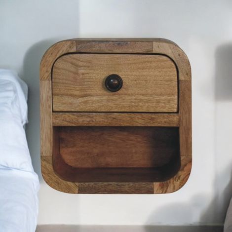 Solid Wood Mini Curved Oak Bedside Table with Open Slot,Drawer,and Shelf in Brown-Perfect for Small Spaces and Stylish Storage Solutions (1/5)